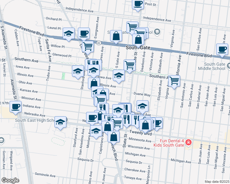 map of restaurants, bars, coffee shops, grocery stores, and more near 3139 Ohio Avenue in South Gate