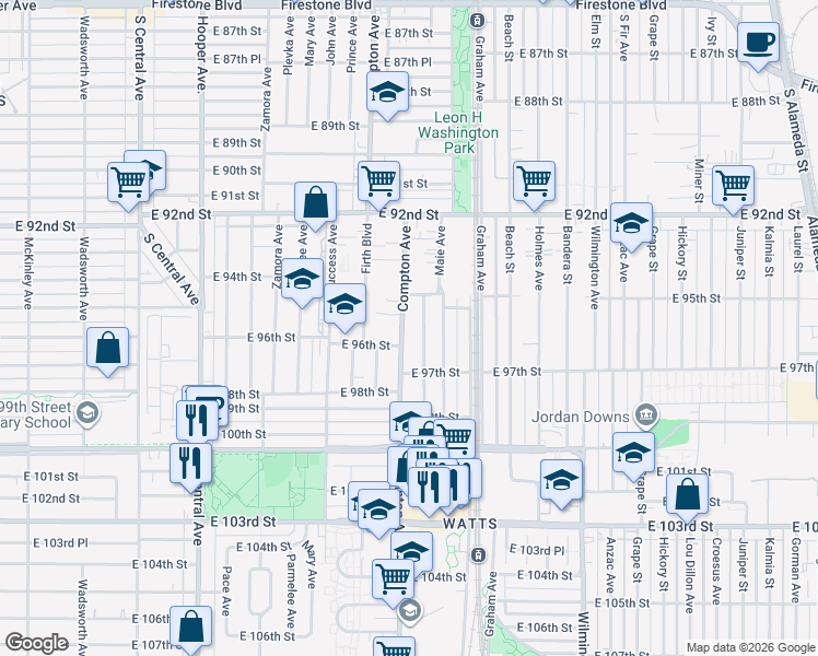 map of restaurants, bars, coffee shops, grocery stores, and more near 9536 Compton Avenue in Los Angeles