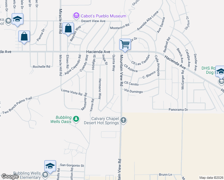 map of restaurants, bars, coffee shops, grocery stores, and more near 13665 Quinta Way in Desert Hot Springs
