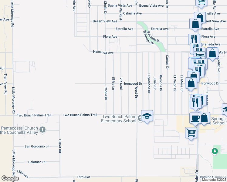 map of restaurants, bars, coffee shops, grocery stores, and more near 13616 Cholla Drive in Desert Hot Springs