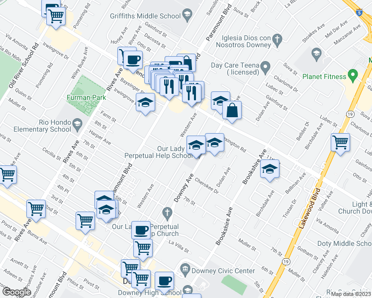 map of restaurants, bars, coffee shops, grocery stores, and more near 10404 Western Avenue in Downey