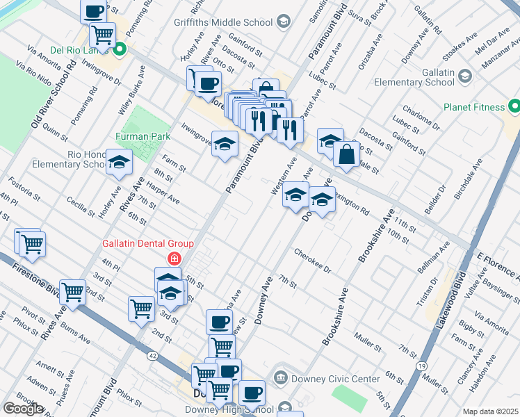 map of restaurants, bars, coffee shops, grocery stores, and more near 10429 Western Avenue in Downey