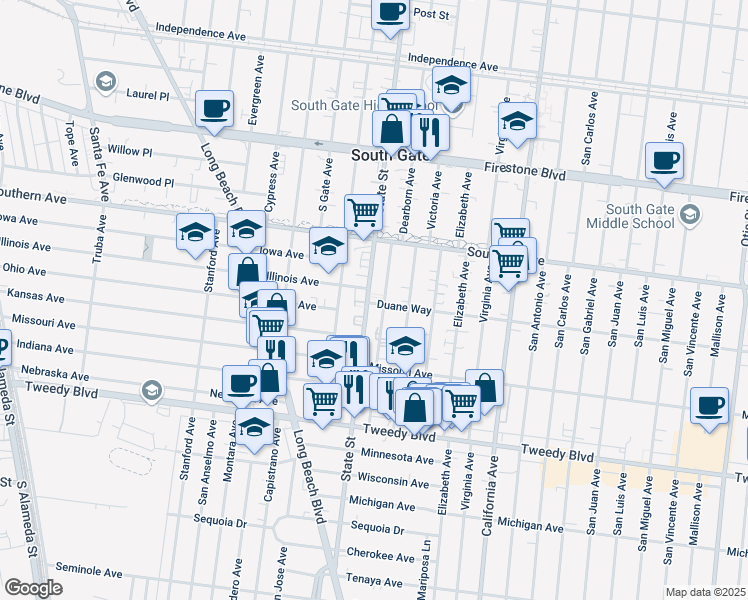 map of restaurants, bars, coffee shops, grocery stores, and more near 9533 Deeble Street in South Gate