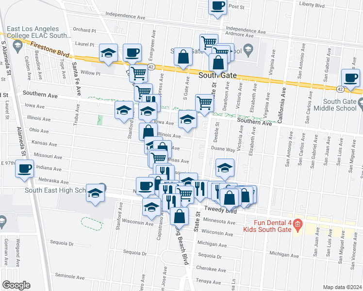 map of restaurants, bars, coffee shops, grocery stores, and more near 3171 Ohio Avenue in South Gate