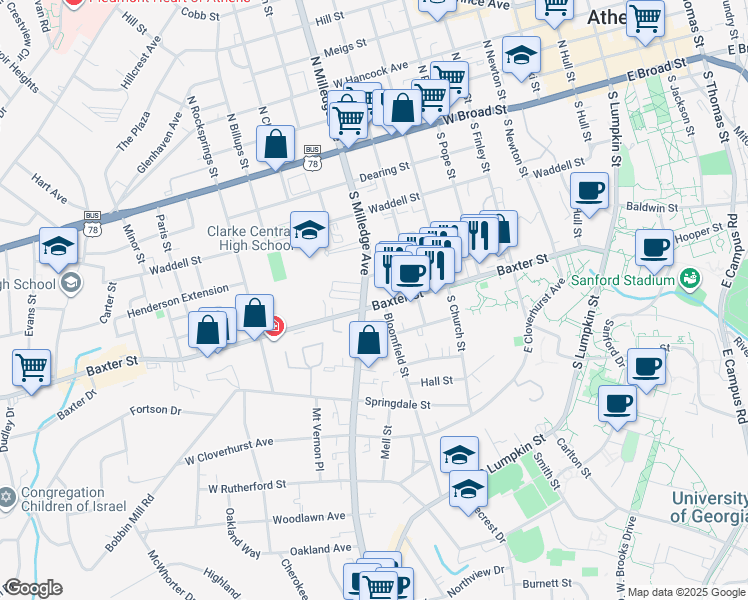 map of restaurants, bars, coffee shops, grocery stores, and more near in Athens