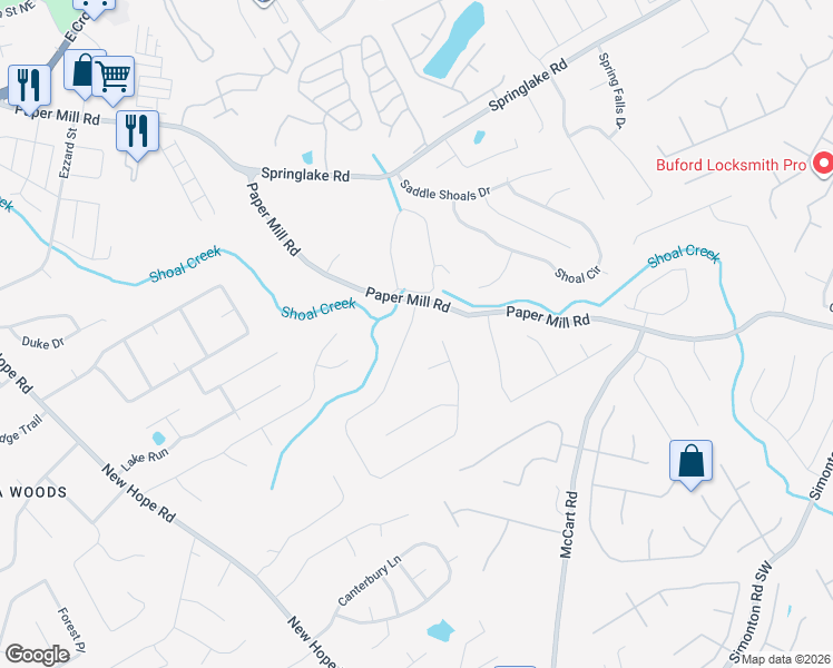 map of restaurants, bars, coffee shops, grocery stores, and more near 640 Paper Creek Drive Southeast in Lawrenceville