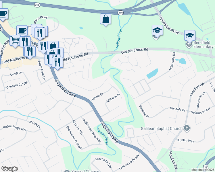 map of restaurants, bars, coffee shops, grocery stores, and more near 1547 Isham Drive in Lawrenceville