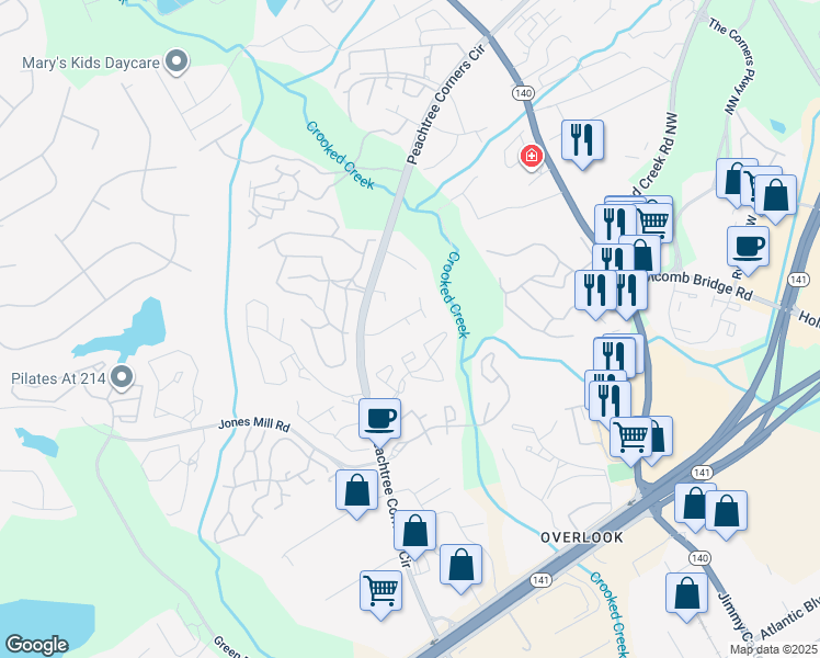 map of restaurants, bars, coffee shops, grocery stores, and more near 6498 Parton Court in Norcross