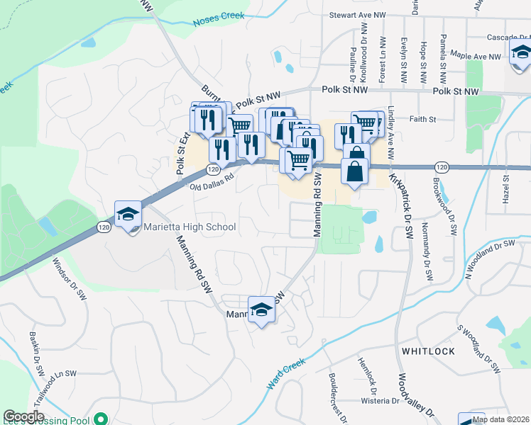 map of restaurants, bars, coffee shops, grocery stores, and more near 925 Whitlock Avenue Northwest in Marietta