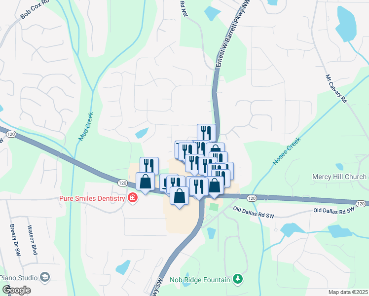 map of restaurants, bars, coffee shops, grocery stores, and more near 2519 Barrett Preserve Court in Marietta