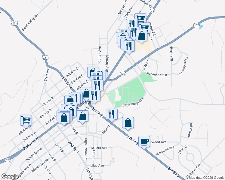map of restaurants, bars, coffee shops, grocery stores, and more near 701 1st Avenue East in Oneonta