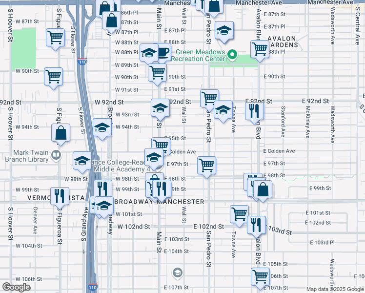map of restaurants, bars, coffee shops, grocery stores, and more near 9515 Wall Street in Los Angeles