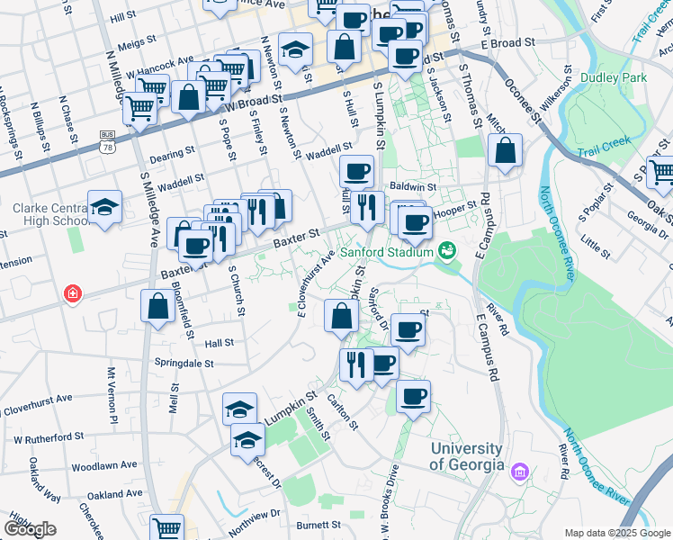 map of restaurants, bars, coffee shops, grocery stores, and more near 800 South Lumpkin Street in Athens