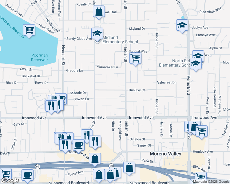 map of restaurants, bars, coffee shops, grocery stores, and more near 24423 Dunlavy Court in Moreno Valley