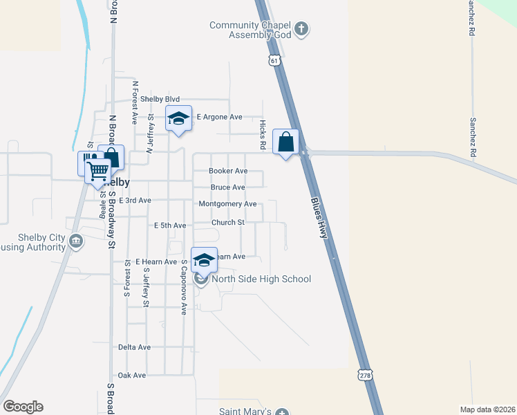 map of restaurants, bars, coffee shops, grocery stores, and more near 1104 Montgomery Avenue in Shelby