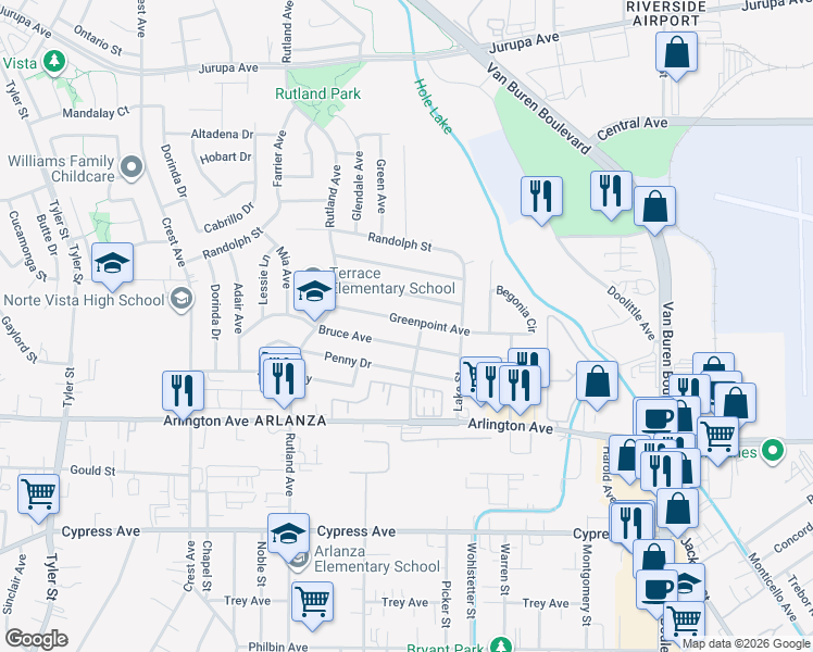 map of restaurants, bars, coffee shops, grocery stores, and more near 8444 Greenpoint Avenue in Riverside