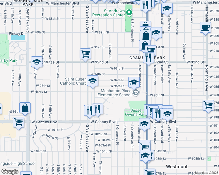 map of restaurants, bars, coffee shops, grocery stores, and more near 2030 West 95th Street in Los Angeles