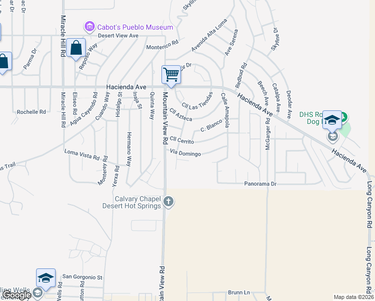 map of restaurants, bars, coffee shops, grocery stores, and more near 68138 Vía Domingo in Desert Hot Springs