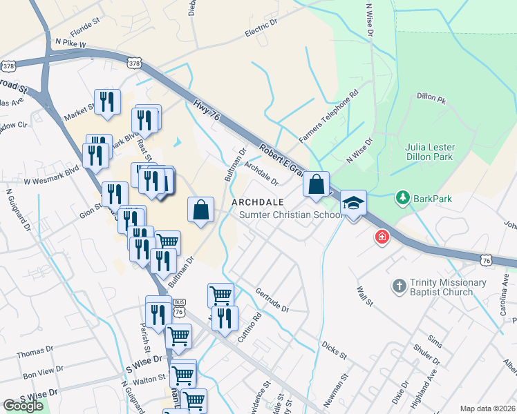 map of restaurants, bars, coffee shops, grocery stores, and more near in Sumter