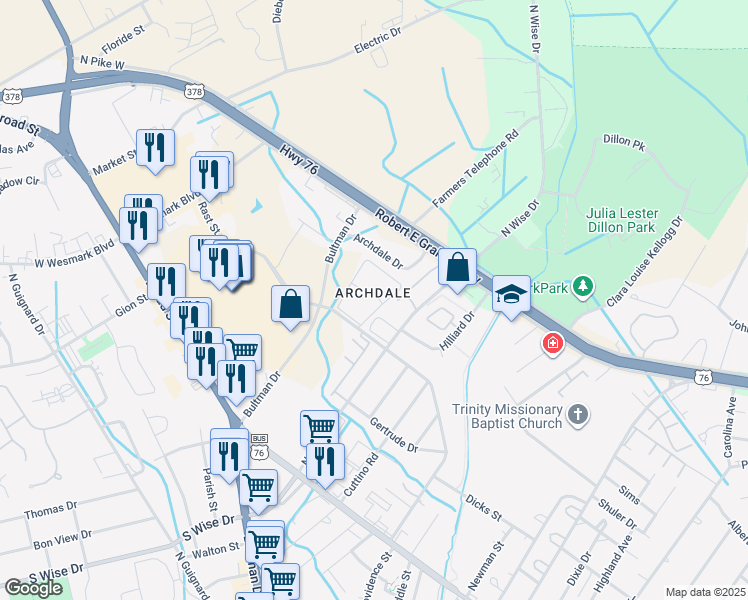 map of restaurants, bars, coffee shops, grocery stores, and more near 251 Rast Street in Sumter