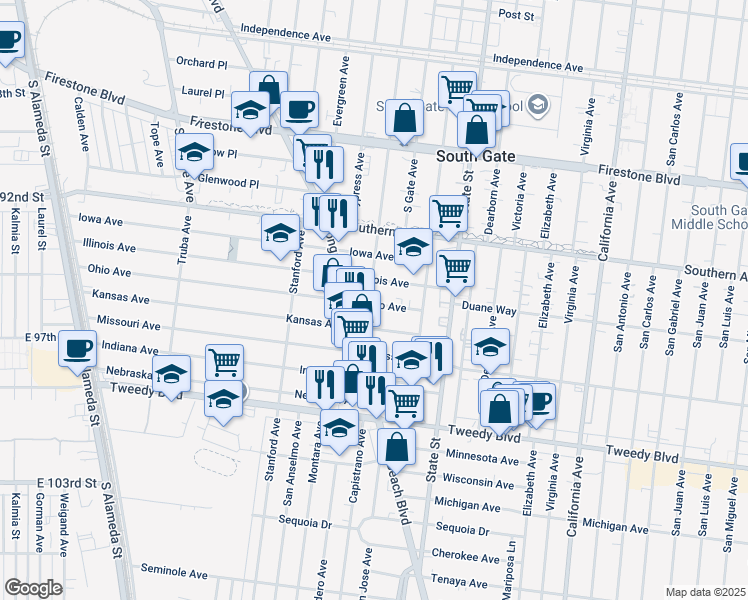 map of restaurants, bars, coffee shops, grocery stores, and more near 9434 Garden View Avenue in South Gate