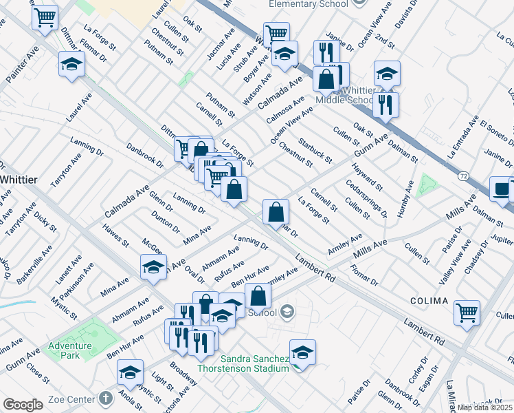 map of restaurants, bars, coffee shops, grocery stores, and more near 14242 Dittmar Drive in Whittier