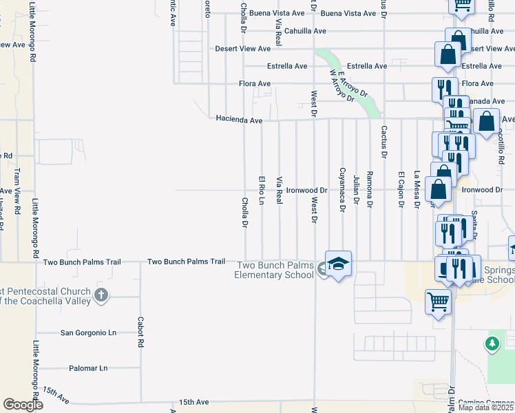 map of restaurants, bars, coffee shops, grocery stores, and more near 13655 El Rio Lane in Desert Hot Springs