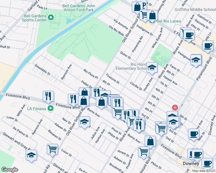map of restaurants, bars, coffee shops, grocery stores, and more near 7435 3rd Street in Downey