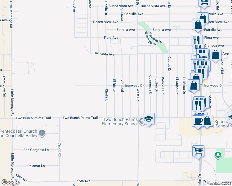 map of restaurants, bars, coffee shops, grocery stores, and more near 13640 El Rio Lane in Desert Hot Springs