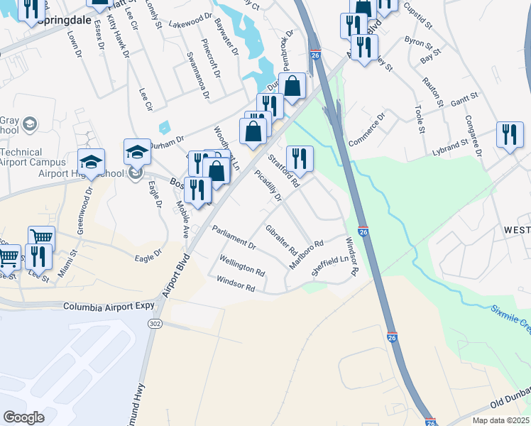 map of restaurants, bars, coffee shops, grocery stores, and more near 17 Londonderry Square in Cayce