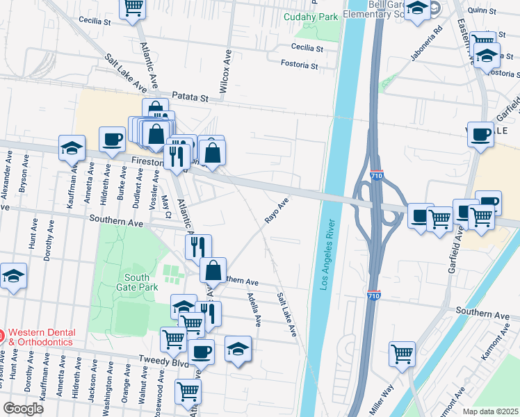map of restaurants, bars, coffee shops, grocery stores, and more near 9301 Rayo Avenue in South Gate