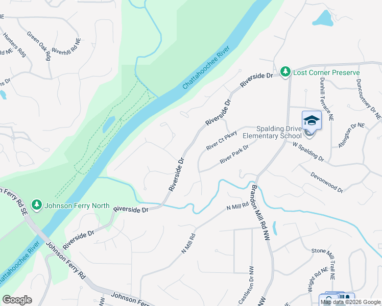 map of restaurants, bars, coffee shops, grocery stores, and more near 7117 Riverside Drive in Atlanta