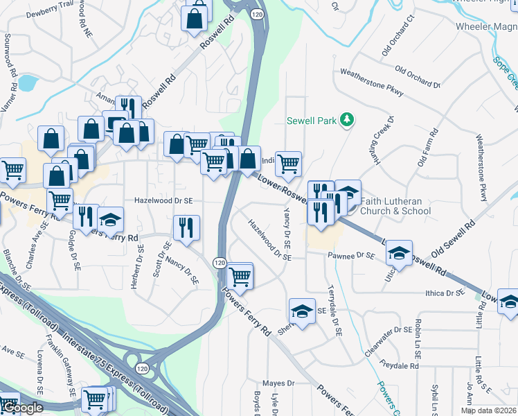 map of restaurants, bars, coffee shops, grocery stores, and more near 1829 Clearwater Drive Southeast in Marietta