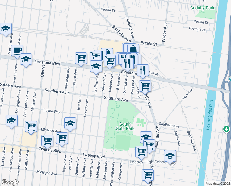 map of restaurants, bars, coffee shops, grocery stores, and more near 8991 Burke Avenue in South Gate