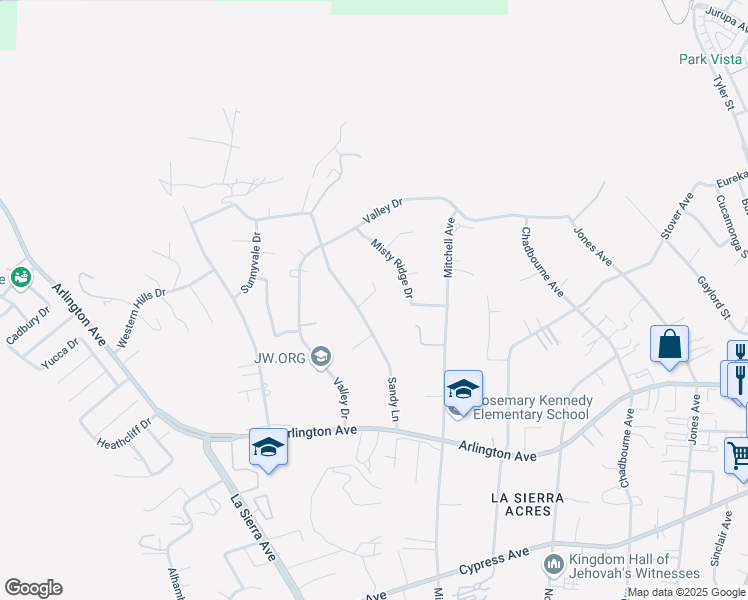 map of restaurants, bars, coffee shops, grocery stores, and more near 6655 Sandy Lane in Riverside