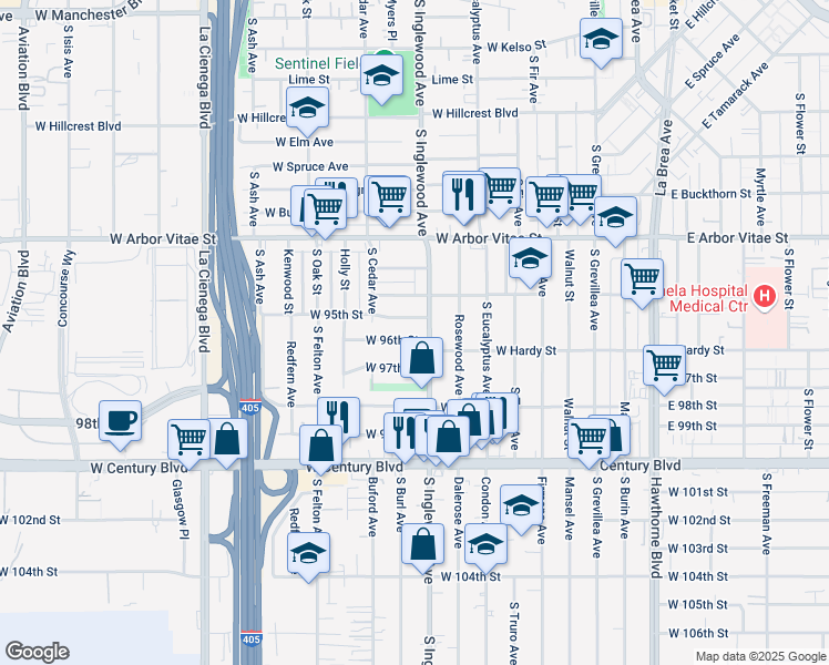 map of restaurants, bars, coffee shops, grocery stores, and more near 4815 West 96th Street in Inglewood