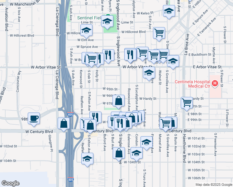 map of restaurants, bars, coffee shops, grocery stores, and more near 4815 West 96th Street in Inglewood