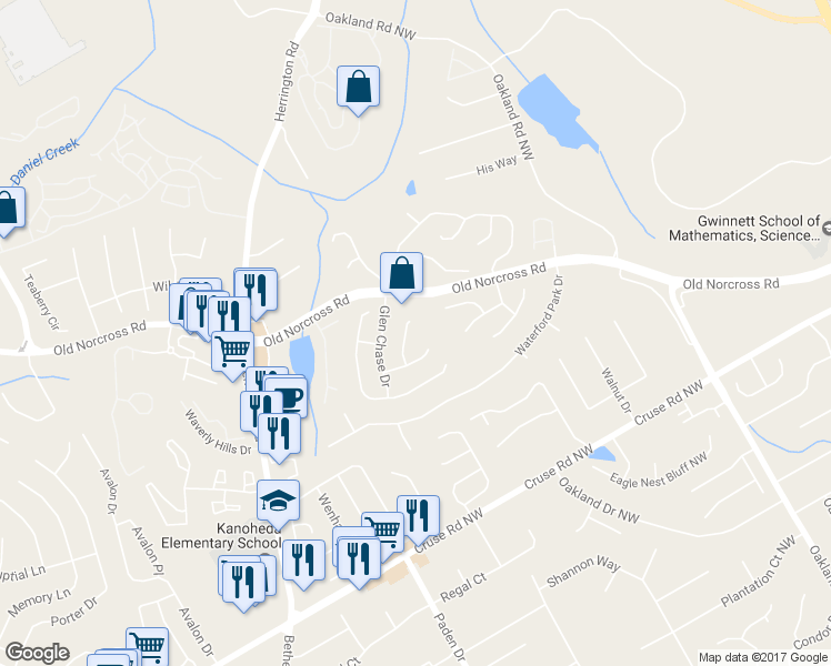 map of restaurants, bars, coffee shops, grocery stores, and more near 1061 Chase Creek Court in Lawrenceville