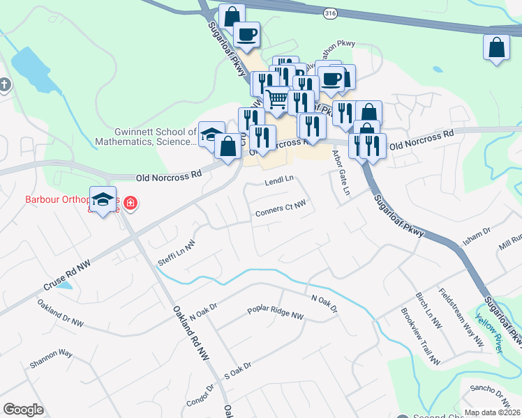 map of restaurants, bars, coffee shops, grocery stores, and more near 1905 Conners Court Northwest in Lawrenceville