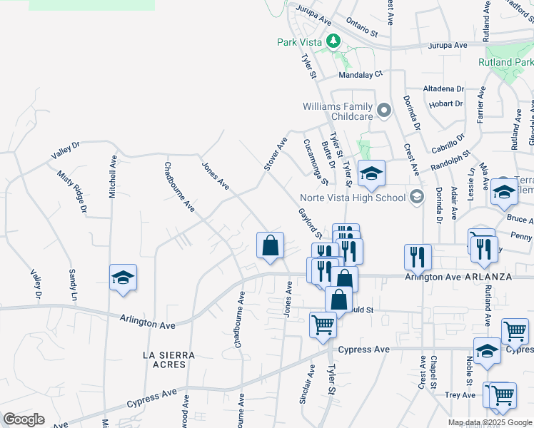 map of restaurants, bars, coffee shops, grocery stores, and more near 6671 Jones Avenue in Riverside
