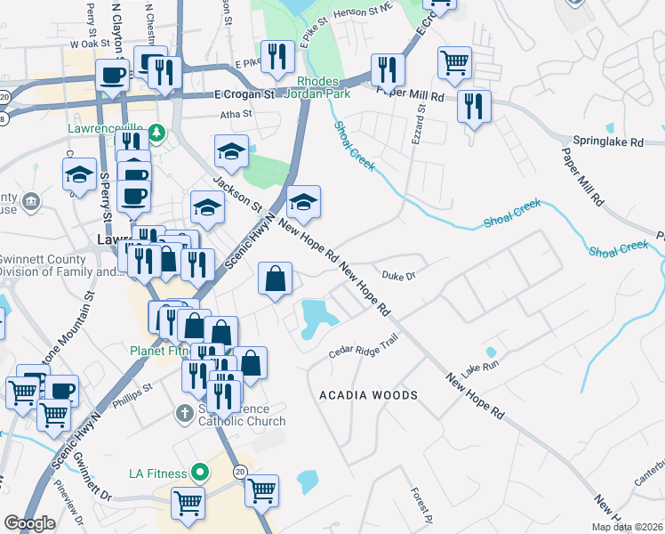 map of restaurants, bars, coffee shops, grocery stores, and more near 239 New Hope Road in Lawrenceville