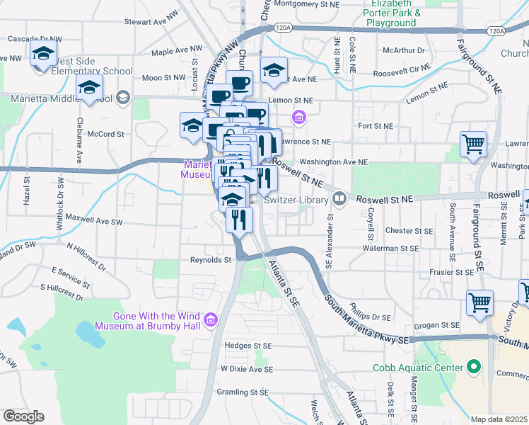 map of restaurants, bars, coffee shops, grocery stores, and more near 89 West Atlanta Street Southeast in Marietta
