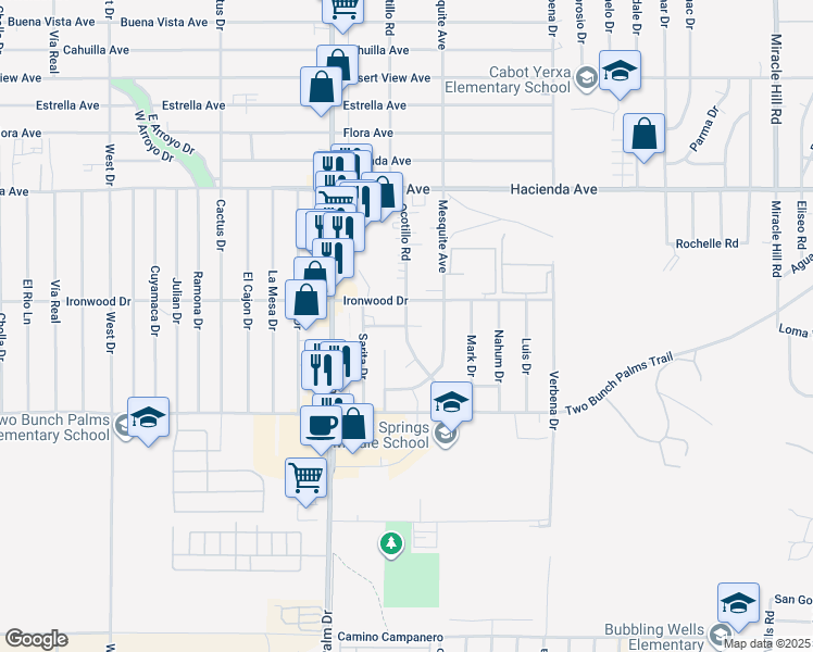 map of restaurants, bars, coffee shops, grocery stores, and more near Joseph Way in Desert Hot Springs