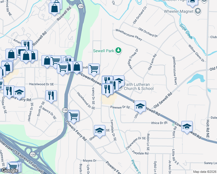 map of restaurants, bars, coffee shops, grocery stores, and more near 25 Sewell Park Dr in Marietta