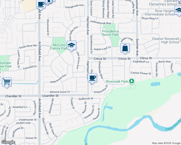 map of restaurants, bars, coffee shops, grocery stores, and more near 7621 Stonegate Drive in Corona