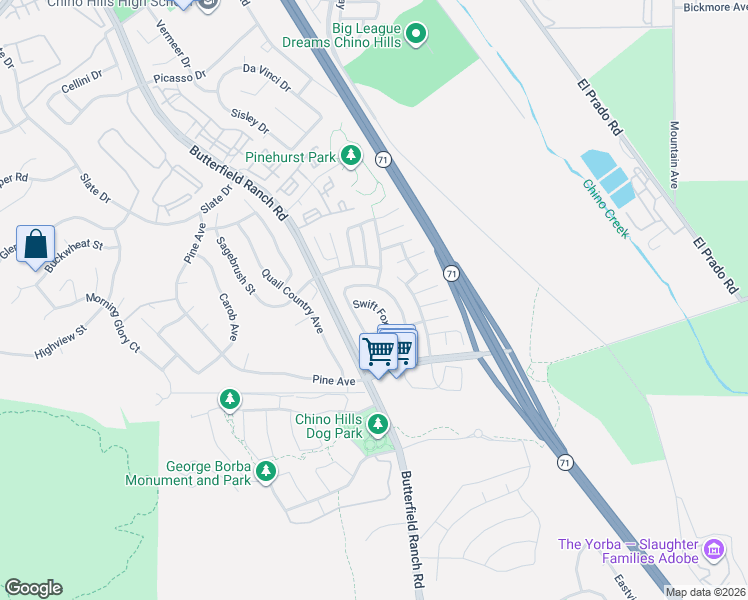 map of restaurants, bars, coffee shops, grocery stores, and more near 16719 Swift Fox Avenue in Chino Hills
