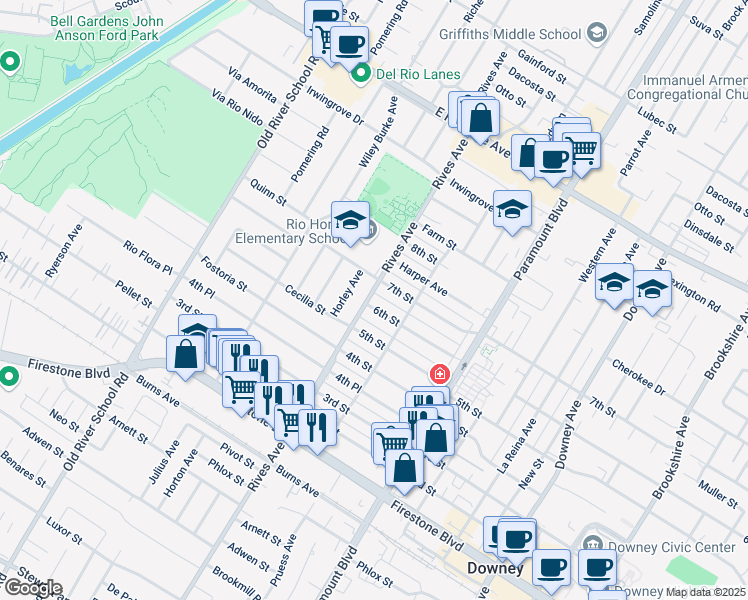 map of restaurants, bars, coffee shops, grocery stores, and more near 7803 6th St in Downey