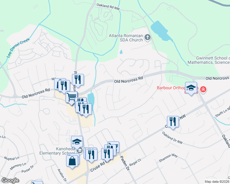 map of restaurants, bars, coffee shops, grocery stores, and more near 1051 Chase Creek Court in Lawrenceville