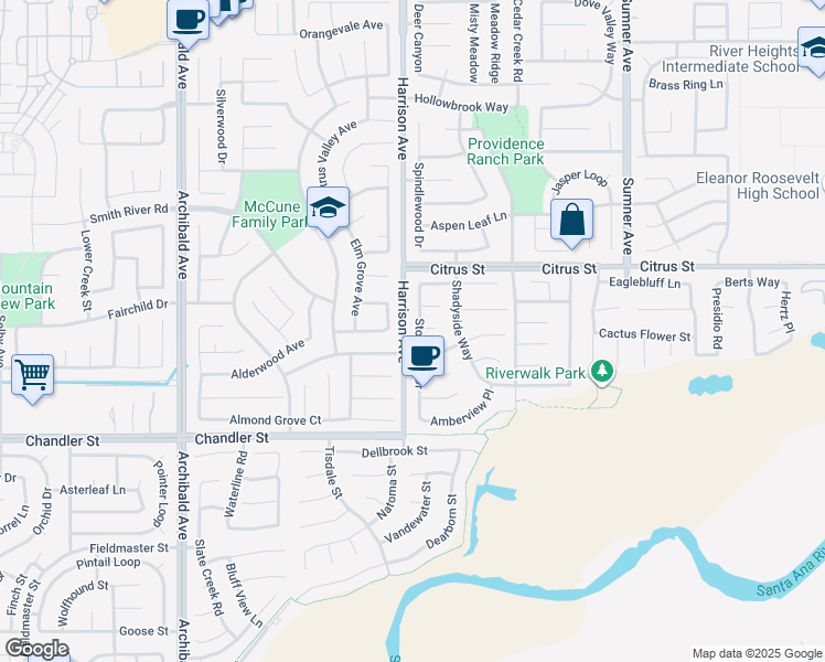 map of restaurants, bars, coffee shops, grocery stores, and more near 7628 Stonegate Drive in Corona