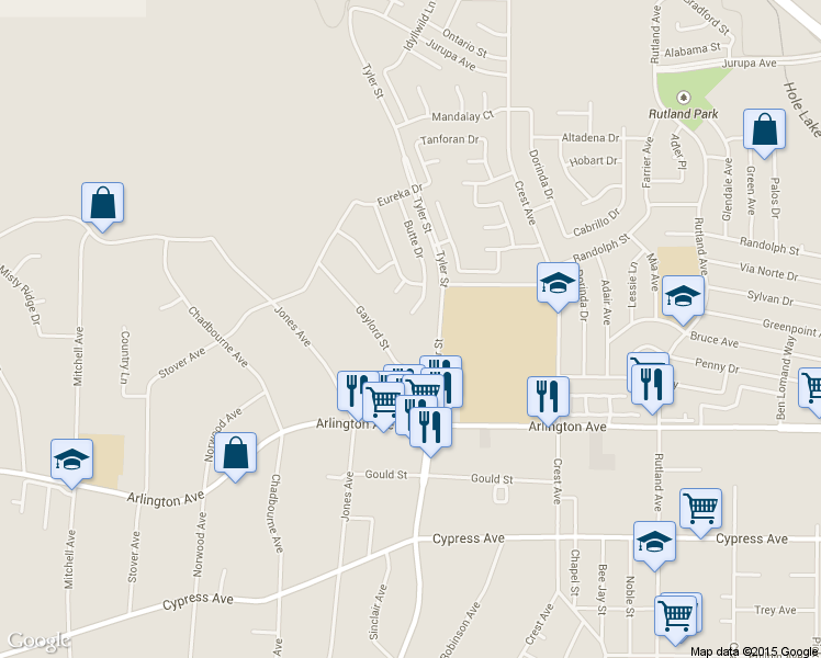 map of restaurants, bars, coffee shops, grocery stores, and more near 6606 Butte Drive in Riverside